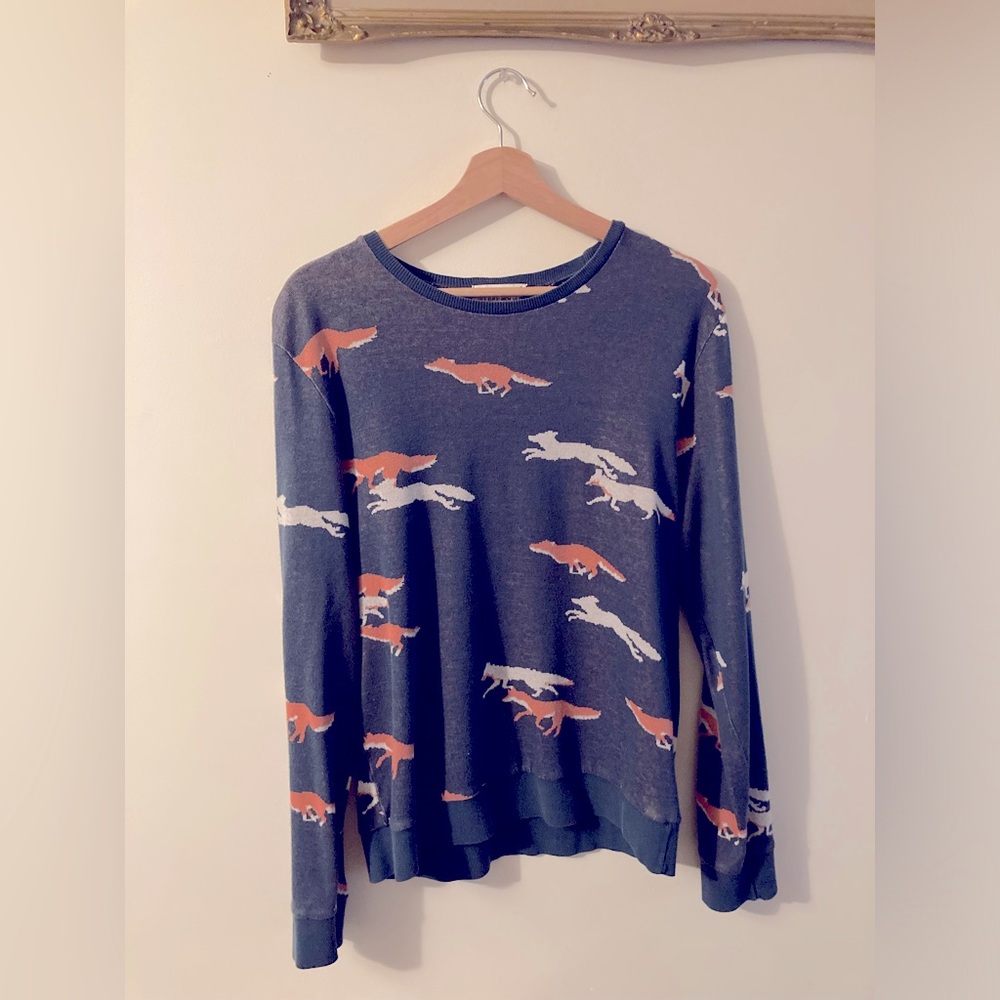 Vintage Topman by Topshop Blue Sweater with Fox Pattern 100% Cotton Mens Small